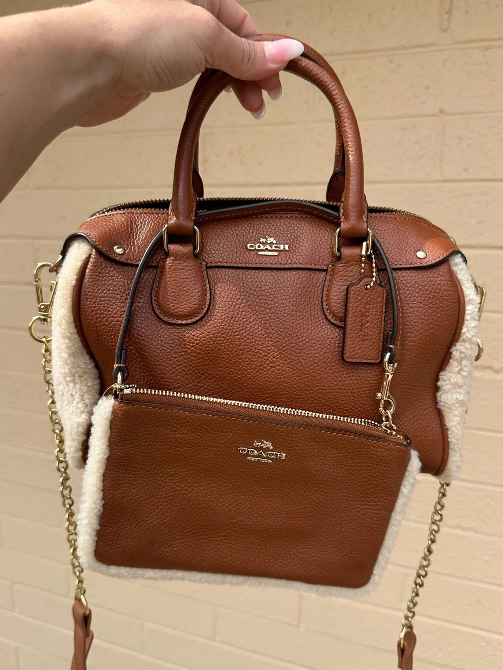 Coach Chestnut Brown Pebbled Leather Satchel with Shearling Trim